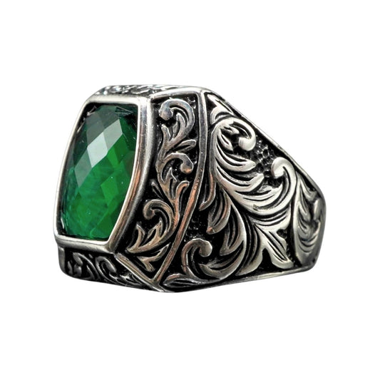 HANDENGRAVED EMERALD GEMSTONE IN 925 SILVER RING FOR MEN