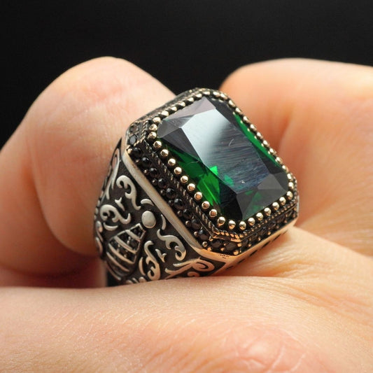 TURKISH HANDMADE EMERALD GEMSTONE 925 STERLING SILVER RING