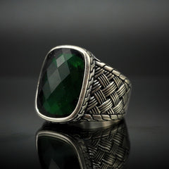 GREEN EMERALD GEMSTONE HANDMADE RING IN 925 STERLING SILVER