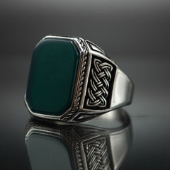 GREEN AGATE GEMSTONE HANDMADE RING FOR MEN IN SILVER
