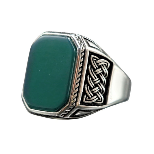GREEN AGATE GEMSTONE HANDMADE RING FOR MEN IN SILVER