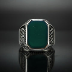 GREEN AGATE GEMSTONE HANDMADE RING FOR MEN IN SILVER