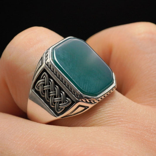 GREEN AGATE GEMSTONE HANDMADE RING FOR MEN IN SILVER