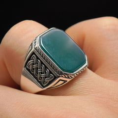 GREEN AGATE GEMSTONE HANDMADE RING FOR MEN IN SILVER