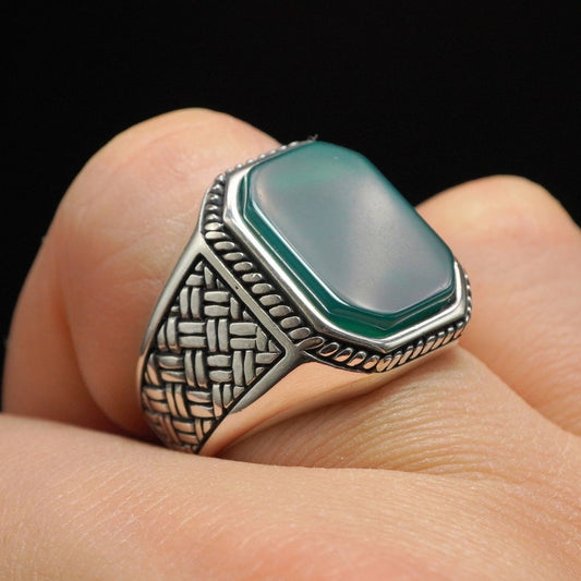 GREEN AGATE 925 STERLING SILVER RING FOR MEN