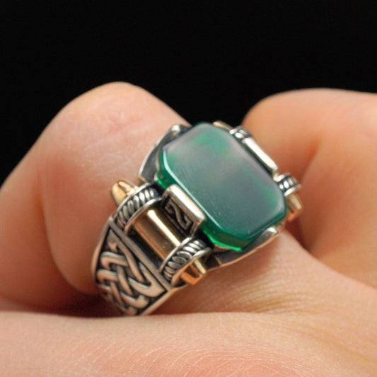 GREEN AGATE 925 STERLING SILVER RING FOR MEN