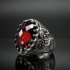 HANDENGRAVED SILVER MEN RING IN RUBY