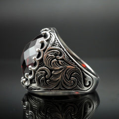 HANDENGRAVED SILVER MEN RING IN RUBY