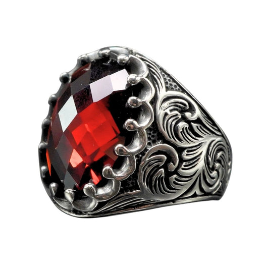 HANDENGRAVED SILVER MEN RING IN RUBY