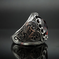HANDENGRAVED SILVER MEN RING IN RUBY