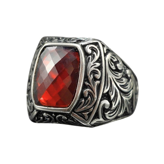 HANDENGRAVED RED RUBY IN 925 SILVER FOR MEN