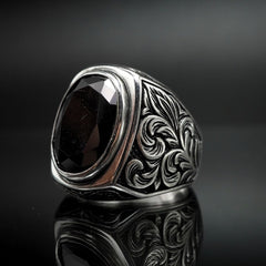 HANDENGRAVED ONYX GEMSTONE 925 STERLING SILVER RING FOR MEN