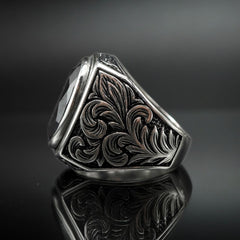 HANDENGRAVED ONYX GEMSTONE 925 STERLING SILVER RING FOR MEN