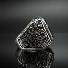 HANDENGRAVED ONYX GEMSTONE 925 STERLING SILVER RING FOR MEN
