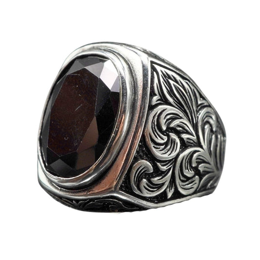 HANDENGRAVED ONYX GEMSTONE 925 STERLING SILVER RING FOR MEN