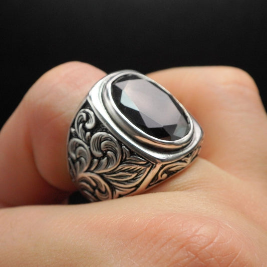 HANDENGRAVED ONYX GEMSTONE 925 STERLING SILVER RING FOR MEN