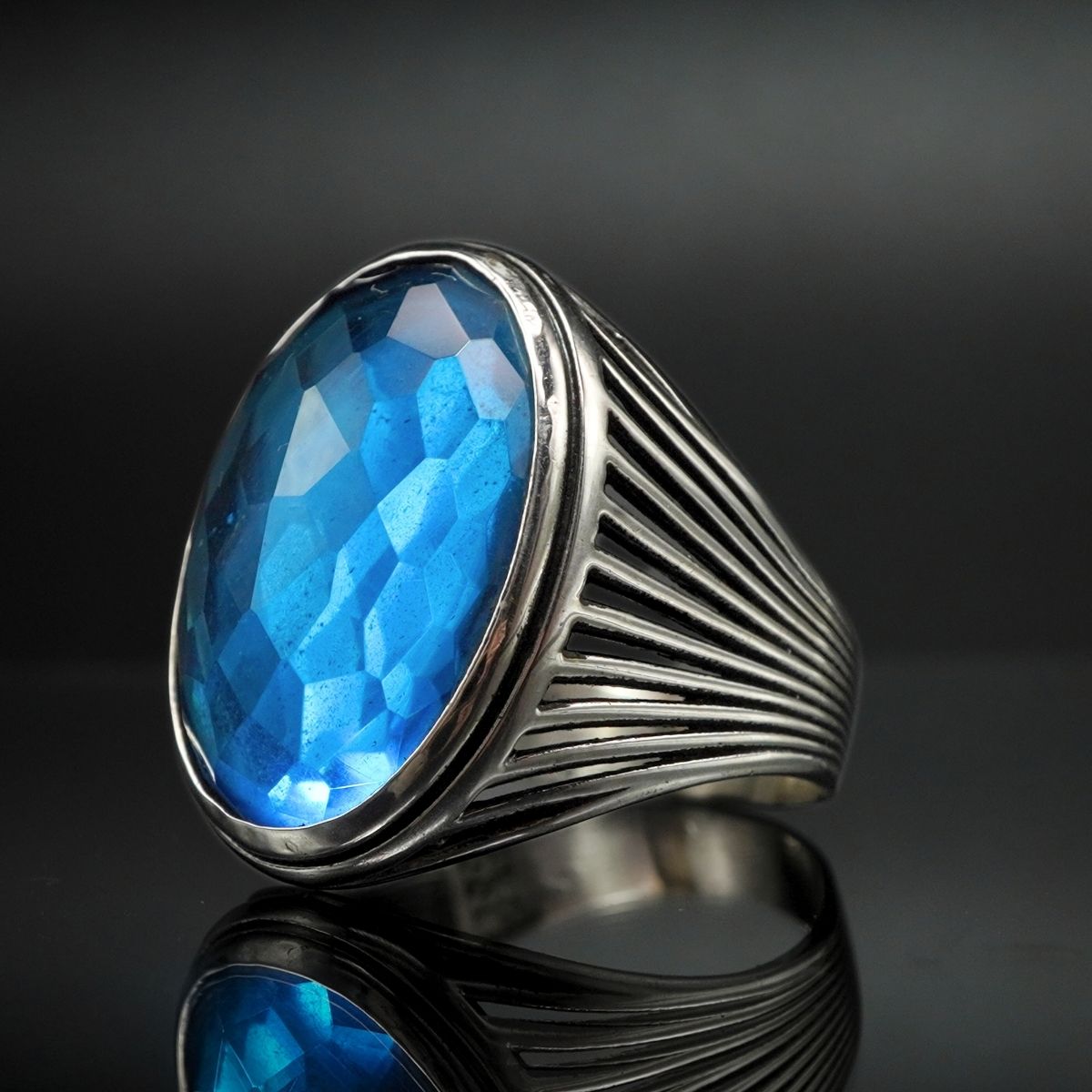 LARGE BLUE AQUAMARINE GEMSTONE RING FOR MEN