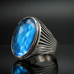 LARGE BLUE AQUAMARINE GEMSTONE RING FOR MEN