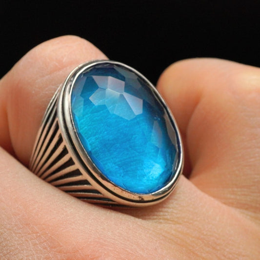 LARGE SILVER RING FOR MEN IN AQUAMARINE
