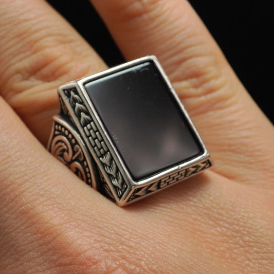 LARGE BLACK ONYX GEMSTONE 925 STERLING SILVER RING FOR MEN