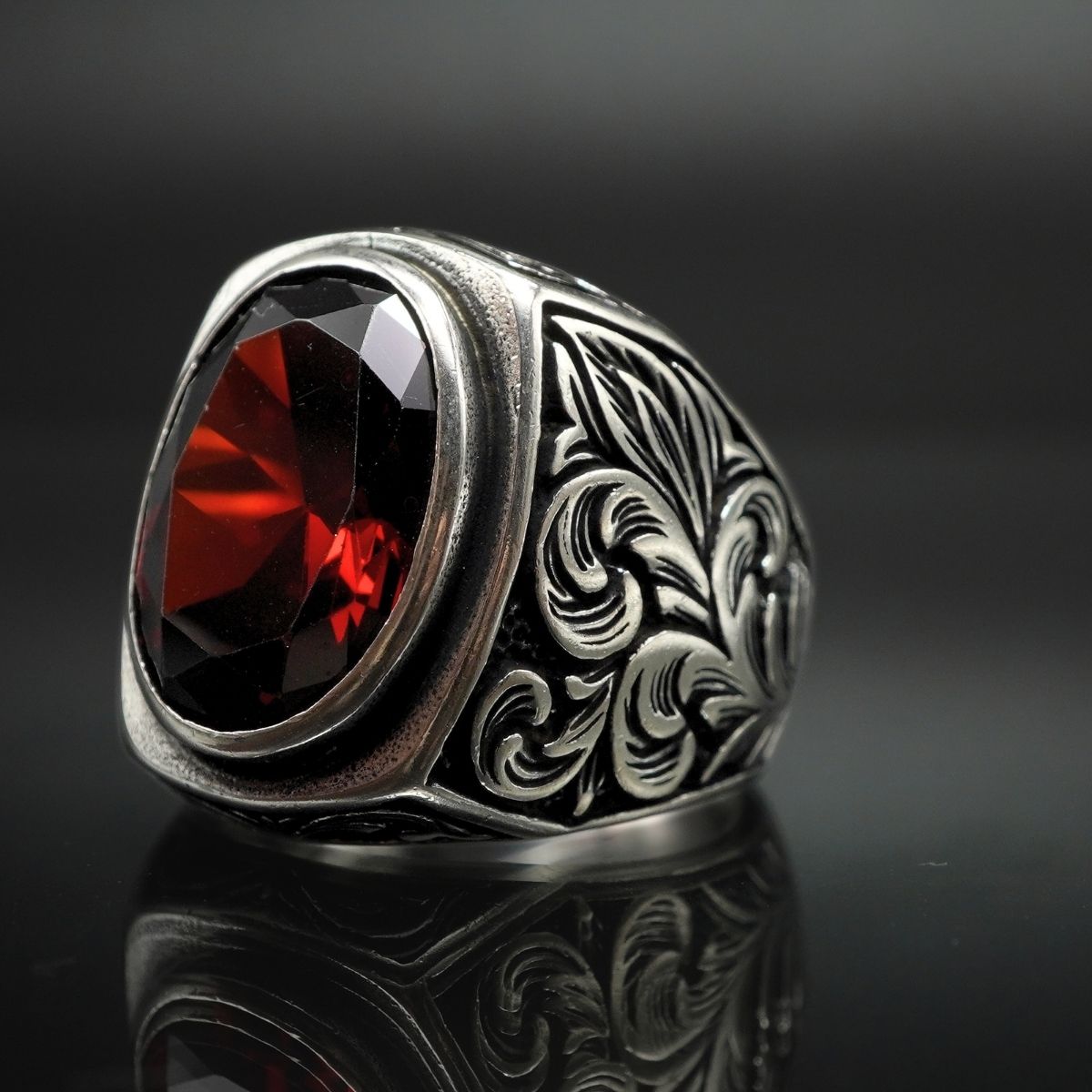 HANDENGRAVED RUBY GEMSTONE 925 STERLING SILVER RING FOR MEN