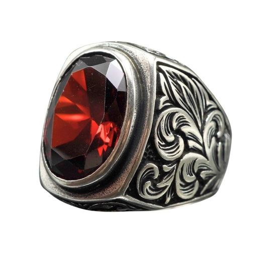 HANDENGRAVED RED RUBY GEMSTONE IN 925 STERLING SILVER