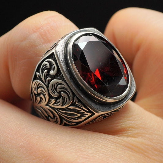 HANDENGRAVED RED RUBY GEMSTONE IN 925 STERLING SILVER