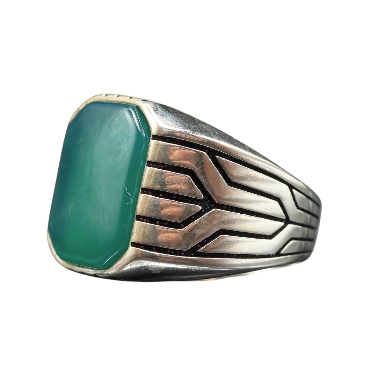 MEN HANDMADE TURKISH GREEN AGATE RING IN 925 STERLING SILVER
