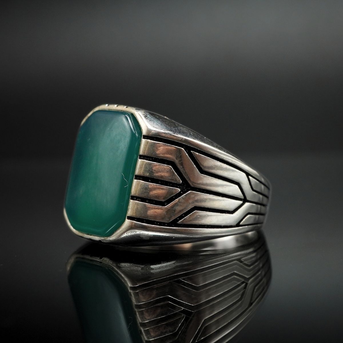 MEN HANDMADE 925 STERLING SILVER RING IN GREEN AGATE