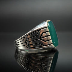 MEN HANDMADE TURKISH GREEN AGATE RING IN 925 STERLING SILVER