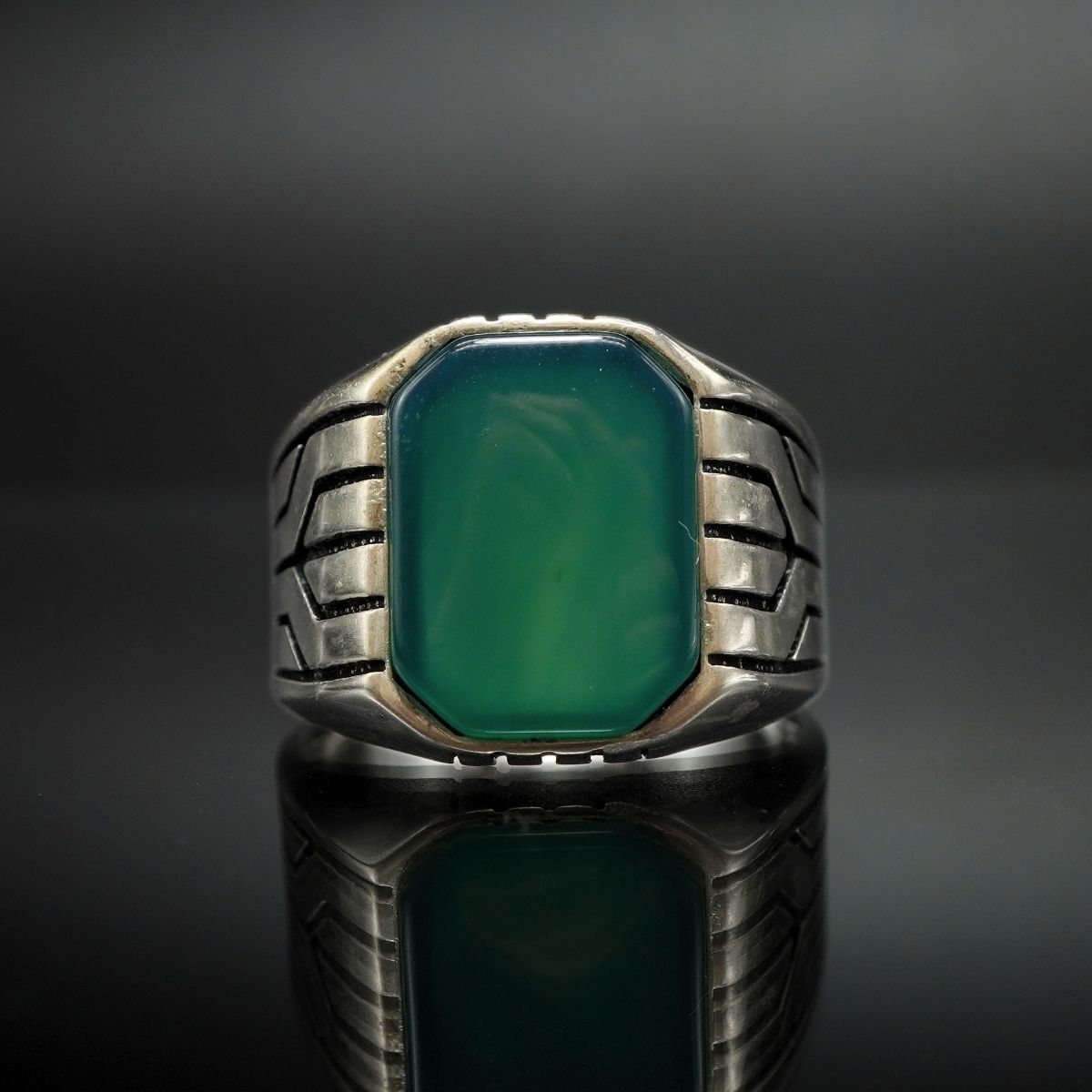 MEN HANDMADE TURKISH GREEN AGATE RING IN 925 STERLING SILVER