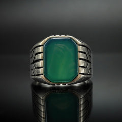 MEN HANDMADE TURKISH GREEN AGATE RING IN 925 STERLING SILVER