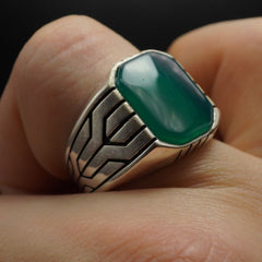 MEN HANDMADE TURKISH GREEN AGATE RING IN 925 STERLING SILVER