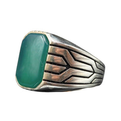MEN HANDMADE TURKISH GREEN AGATE RING IN 925 STERLING SILVER