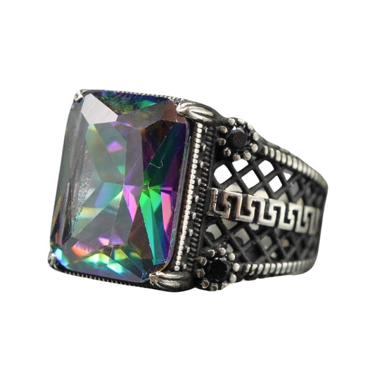 MEN HANDMADE MYSTIC TOPAZ GEMSTONE 925 STERLING SILVER RING