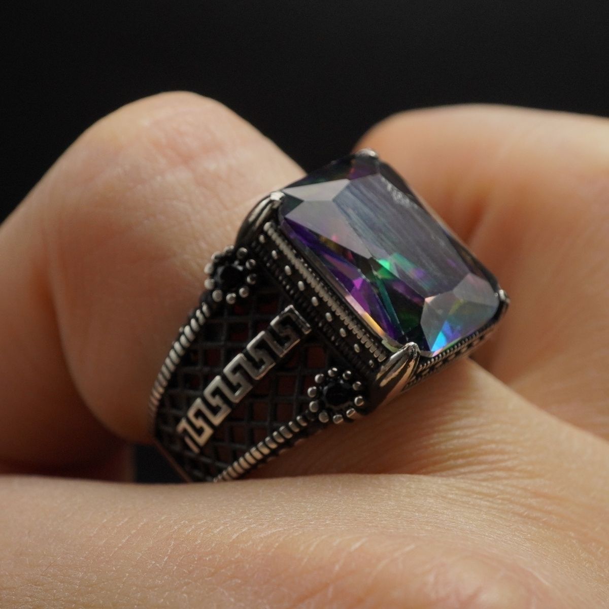 MEN HANDMADE MYSTIC TOPAZ GEMSTONE 925 STERLING SILVER RING
