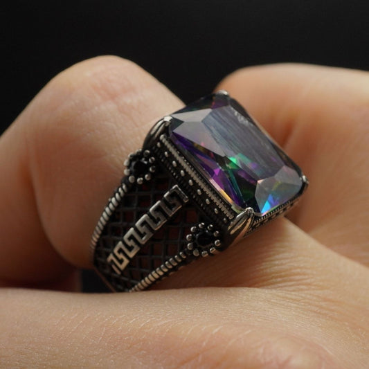 MEN HANDMADE MYSTIC TOPAZ GEMSTONE 925 STERLING SILVER RING