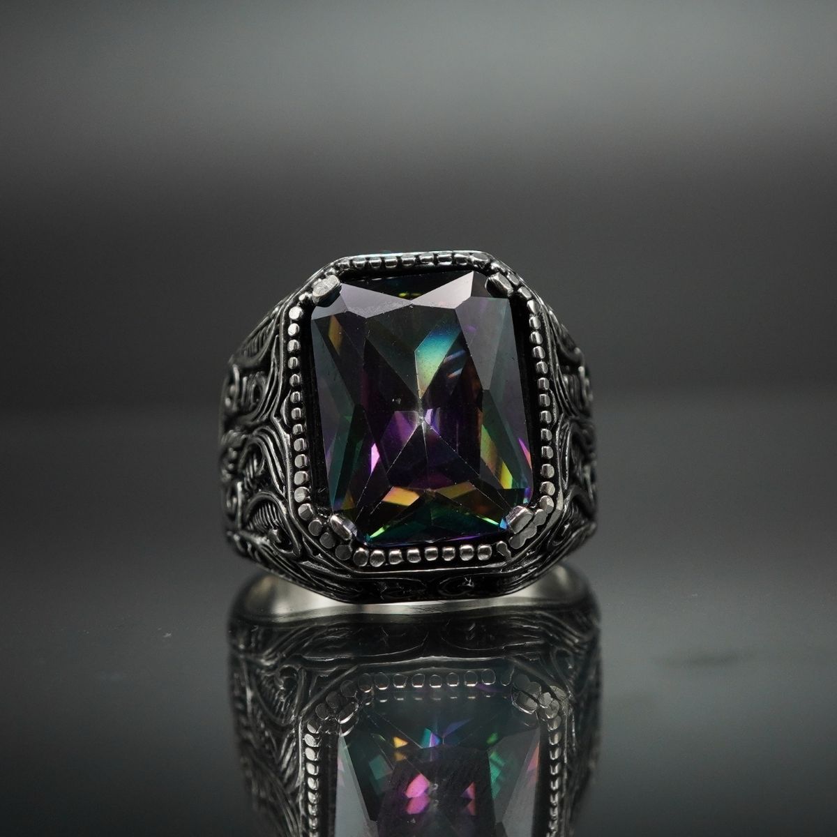 MYSTIC TOPAZ GEMSTONE HANDMADE RING FOR MEN IN SILVER