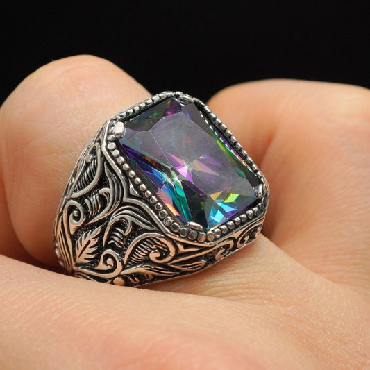 MYSTIC TOPAZ GEMSTONE HANDMADE RING FOR MEN IN SILVER