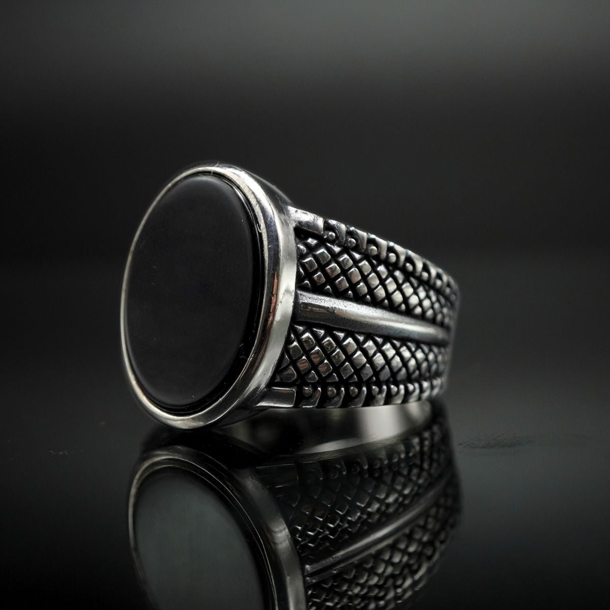 OVAL BLACK ONYX GEMSTONE 925 STERLING SILVER RING FOR MEN