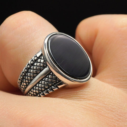 OVAL BLACK ONYX GEMSTONE 925 STERLING SILVER RING FOR MEN