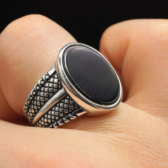 OVAL BLACK ONYX GEMSTONE 925 STERLING SILVER RING FOR MEN