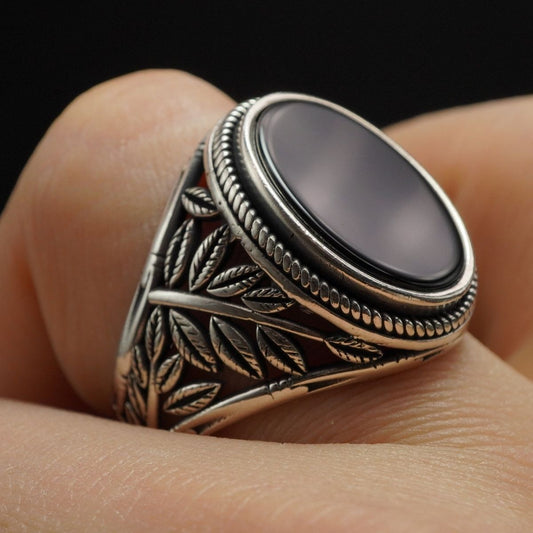 OVAL BLACK ONYX GEMSTONE 925 STERLING SILVER RING FOR MEN