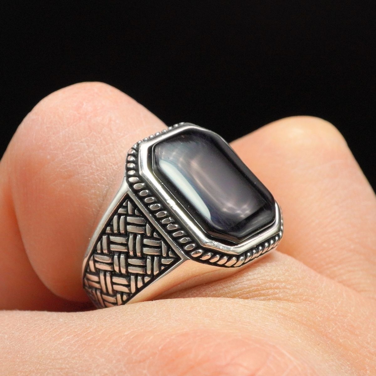 RING BLACK ONYX GEMSTONE 925 STERLING SILVER 