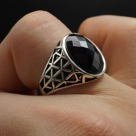 MEN HANDMADE BLACK ONYX STONE 925 STERLING SILVER RING