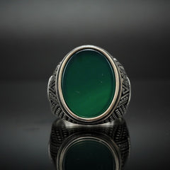 GREEN AGATE GEMSTONE RING FOR MEN IN 925 SILVER