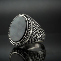 OVAL BLACK ONYX RING FOR MEN IN SILVER