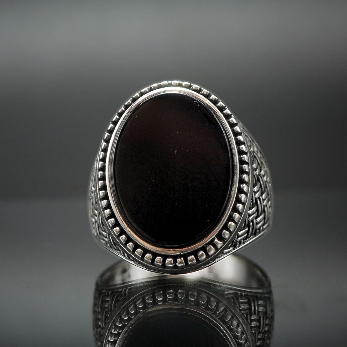 OVAL BLACK ONYX RING FOR MEN IN SILVER