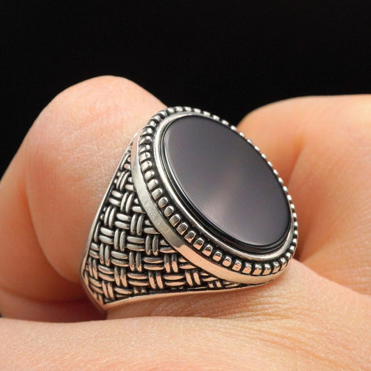 OVAL BLACK ONYX RING FOR MEN IN SILVER