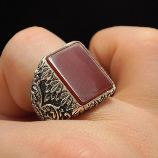 HANDMADE 925 STERLING SILVER RED AGATE GEMSTONE RING